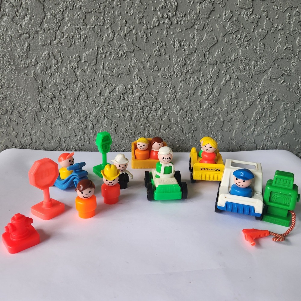 Vintage Fisher Price Little People Lot Vehicles Figures Town Accessories Taxi